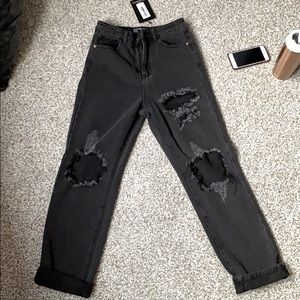 Washed black distressed straight leg jeans